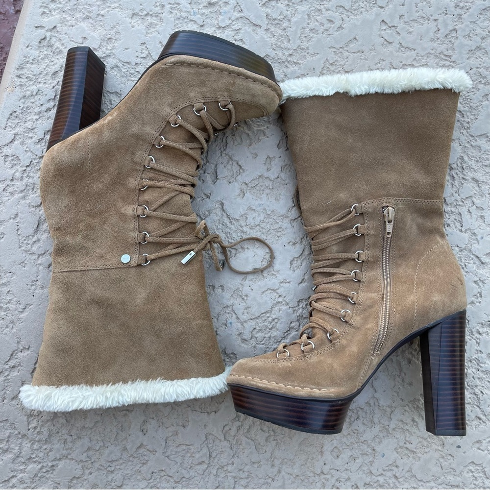 Calvin Klein "Keona" Tan Suede Faux Fur Lined Platform Heeled Lace Up Boots 7M